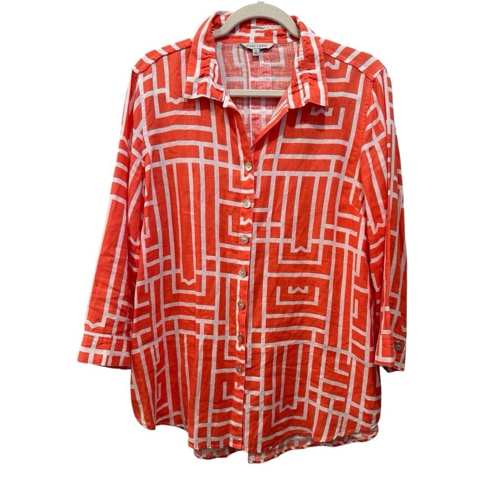 Geometric 100% Linen Orange White Button-Up Shirt Blouse Tunic Oversized Sz S